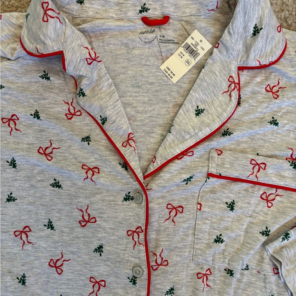 NWT Aerie Christmas Pajama Top with Red and Green Accents, Size Med & Lg - Picture 2 of 4